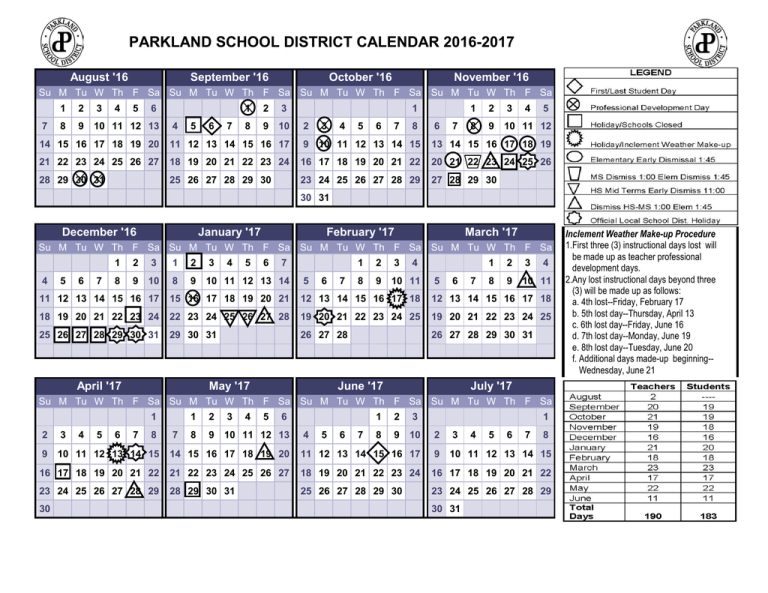 PARKLAND SCHOOL DISTRICT CALENDAR 2016 2017