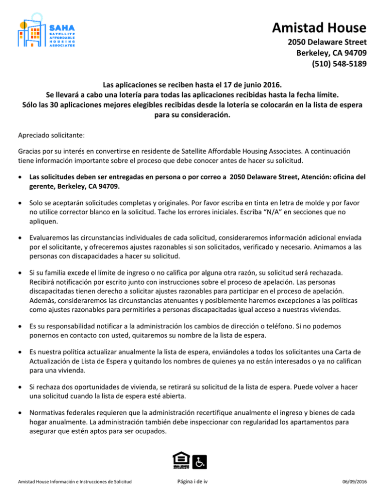 Información Amistad House SAHA Satellite Housing and