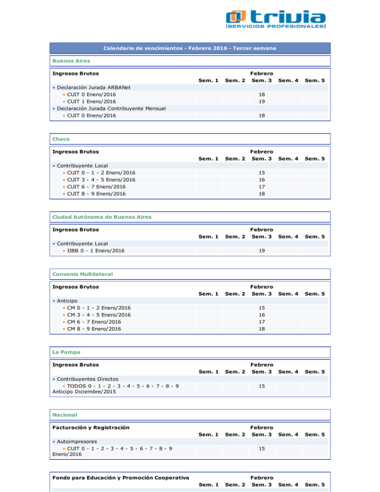 Calendario semanal de vencimientos