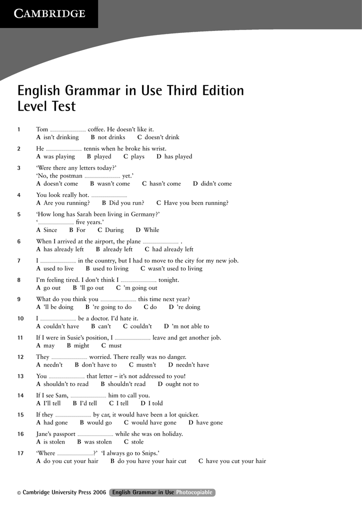Level 3 English Grammar Test Worksheets