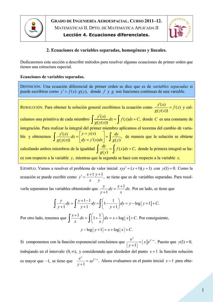 Leccion 4 2 Ecuaciones De Variables Separadas Homogeneas Y