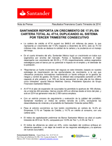 Santander reporta un crecimiento de 17.9% en cartera total al 4T14