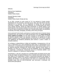 Carta de renuncia al Frente Amplio de vicealcaldesa de Montes de