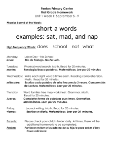 short a words examples: sat, mad, and nap