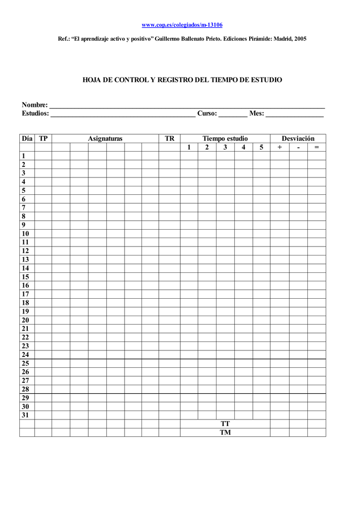 Hoja De Control Y Registro Del Tiempo De Estudio