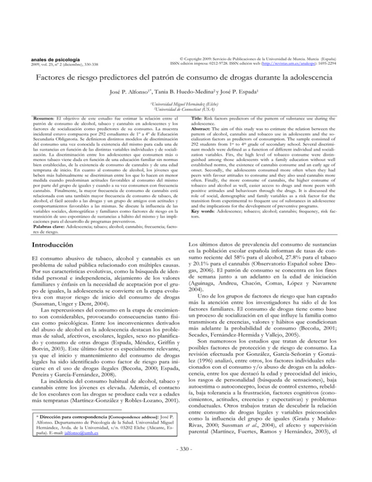 Factores De Riesgo Predictores Del Patr n De Consumo De Drogas