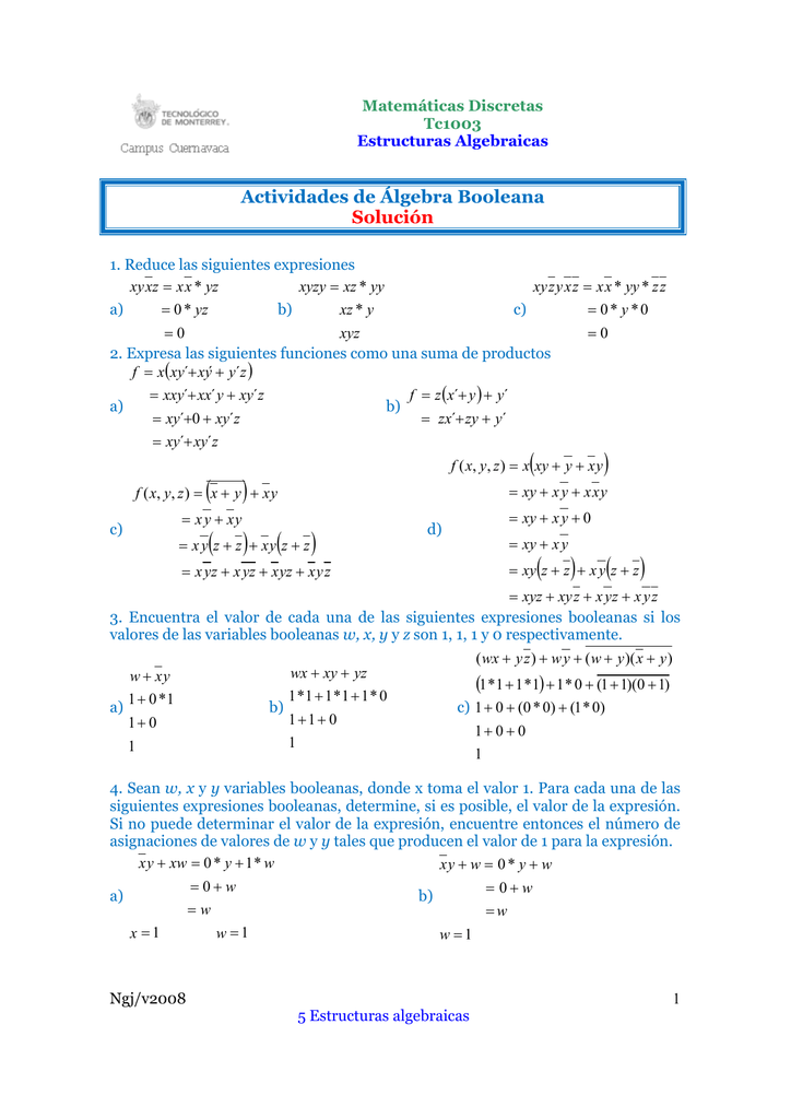 Actividades De Algebra Booleana Solucion