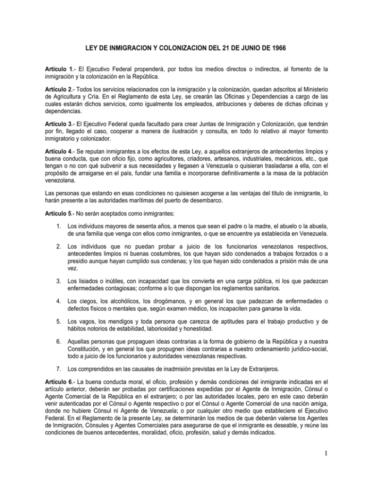 Ley De Inmigracion Y Colonizacion Del 21 De Junio De 1966 9192