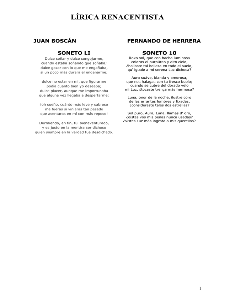 La lírica del Renacimiento. Poemas La lírica del Renacimiento. Poemas