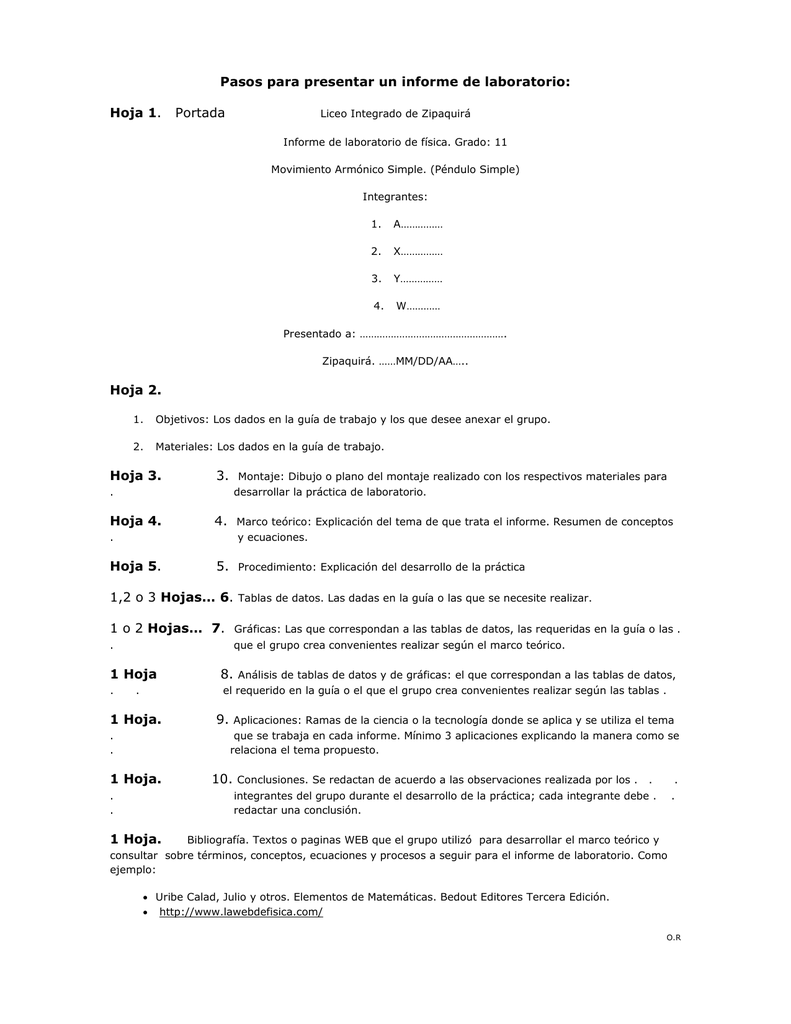 Pasos para presentar un informe de laboratorio: Hoja 1. Portada