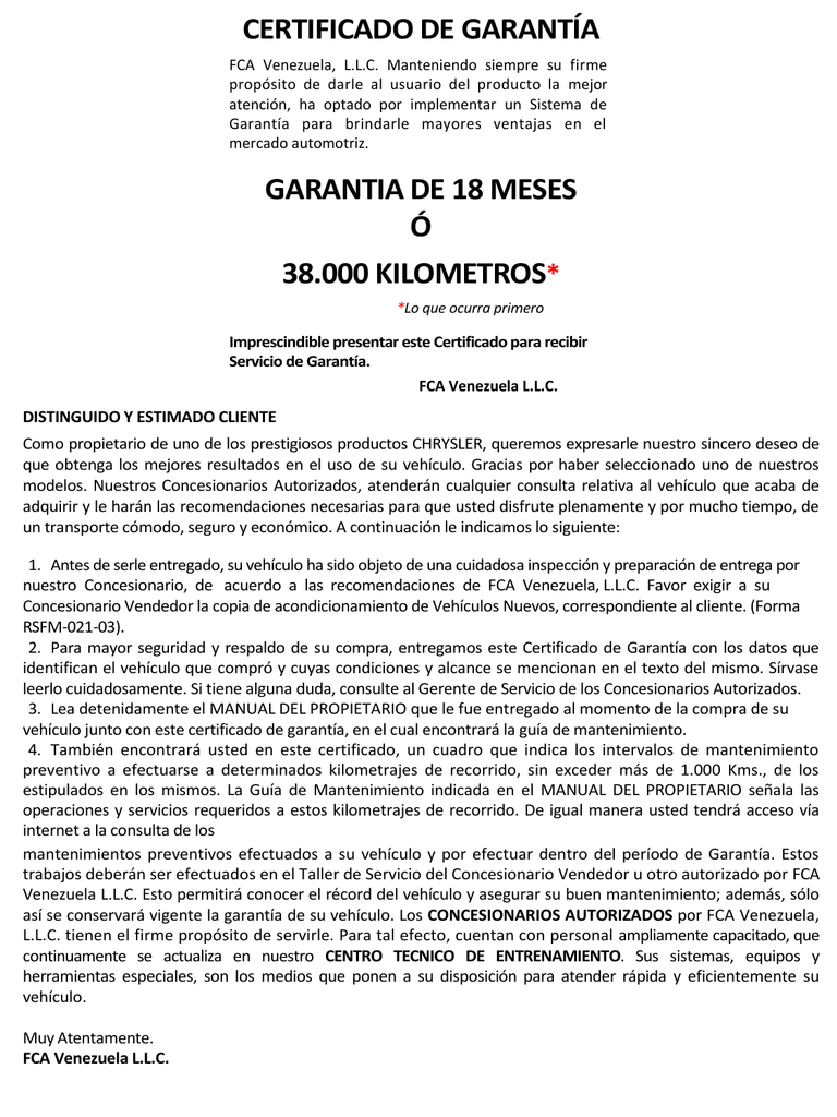 CERTIFICADO DE GARANTÍA GARANTIA DE 18 MESES Ó 