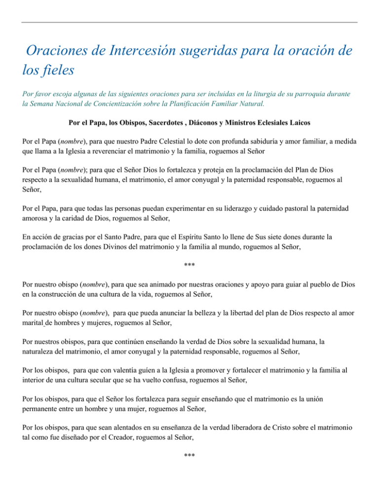 Oraciones de Intercesión sugeridas para la oración de los fieles
