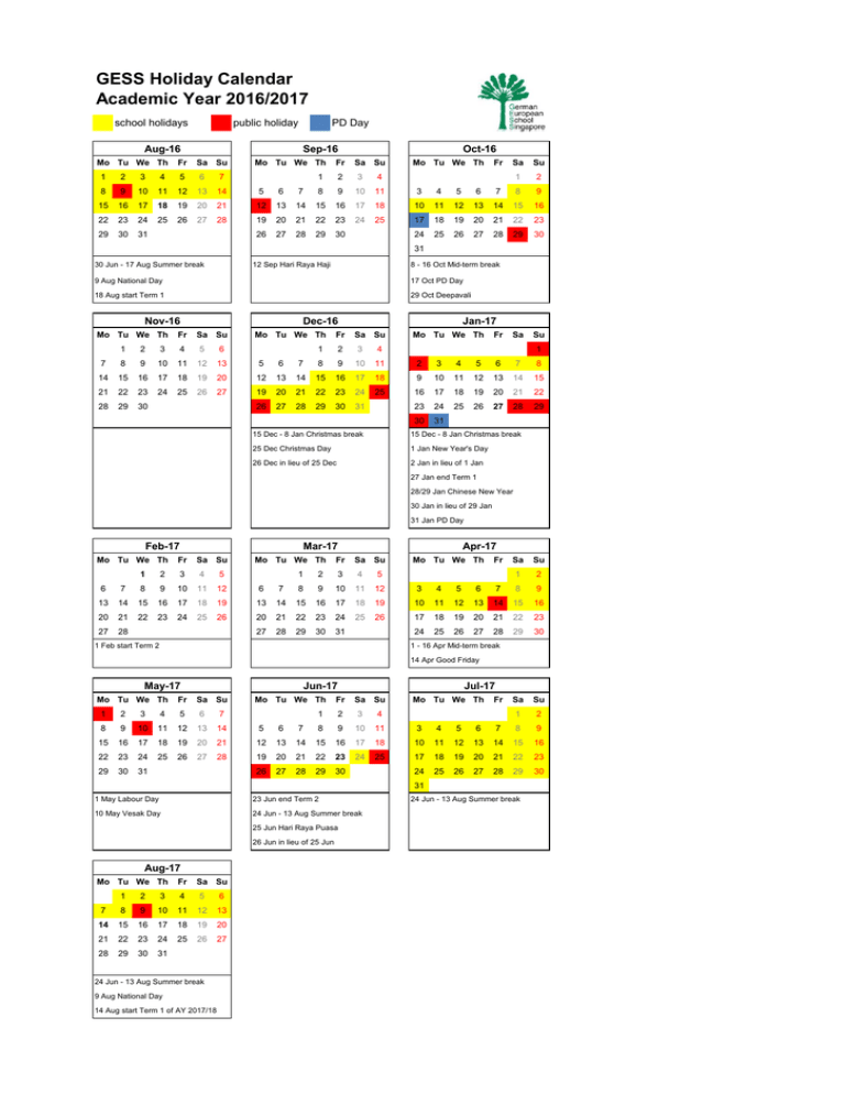 GESS Holiday Calendar Academic Year 2016 2017