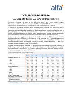 COMUNICADO DE PRENSA ALFA reporta Flujo de U.S. $642