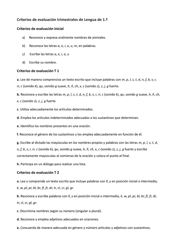 Criterios De Evaluacion Trimestrales De Lengua De 1 º