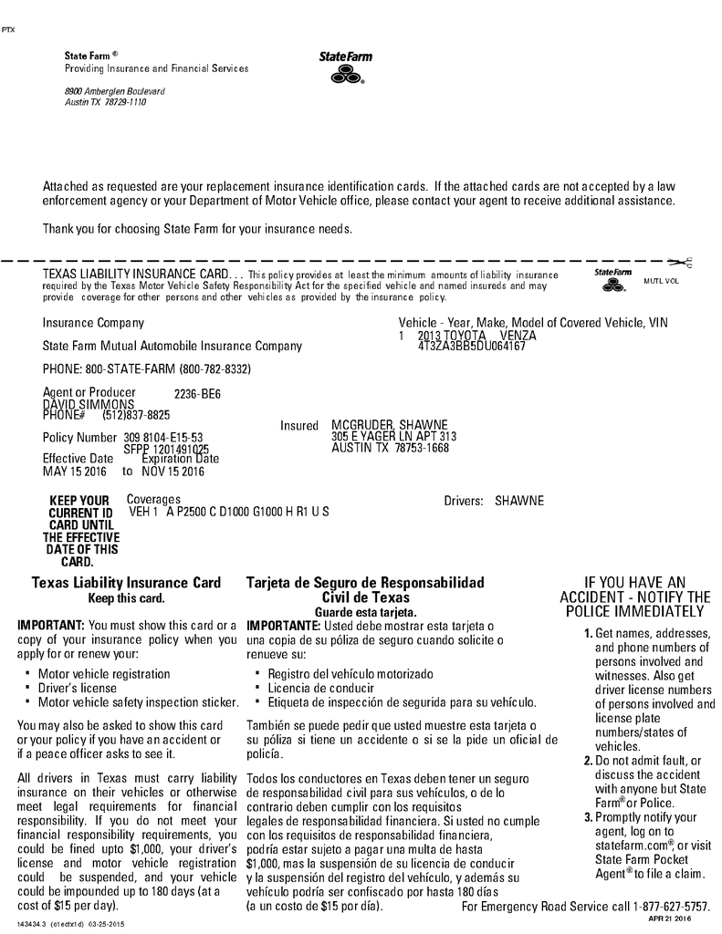 Texas Liability Insurance Card Tarjeta de Seguro de