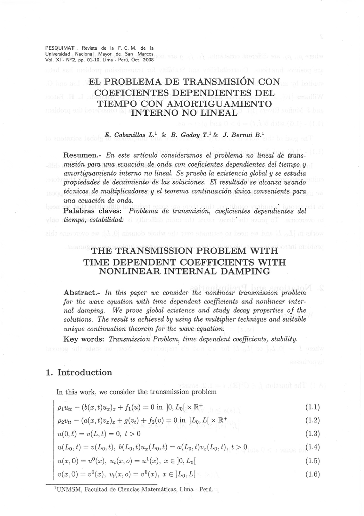 El Problema De Transmision Con Coeficientes Dependientes Del