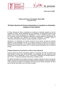 El Índice General de Precios Industriales se mantiene en diciembre