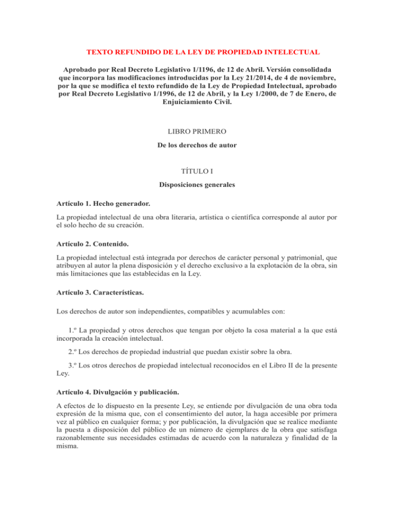 Texto Refundido De La Ley De Propiedad Intelectual 4527