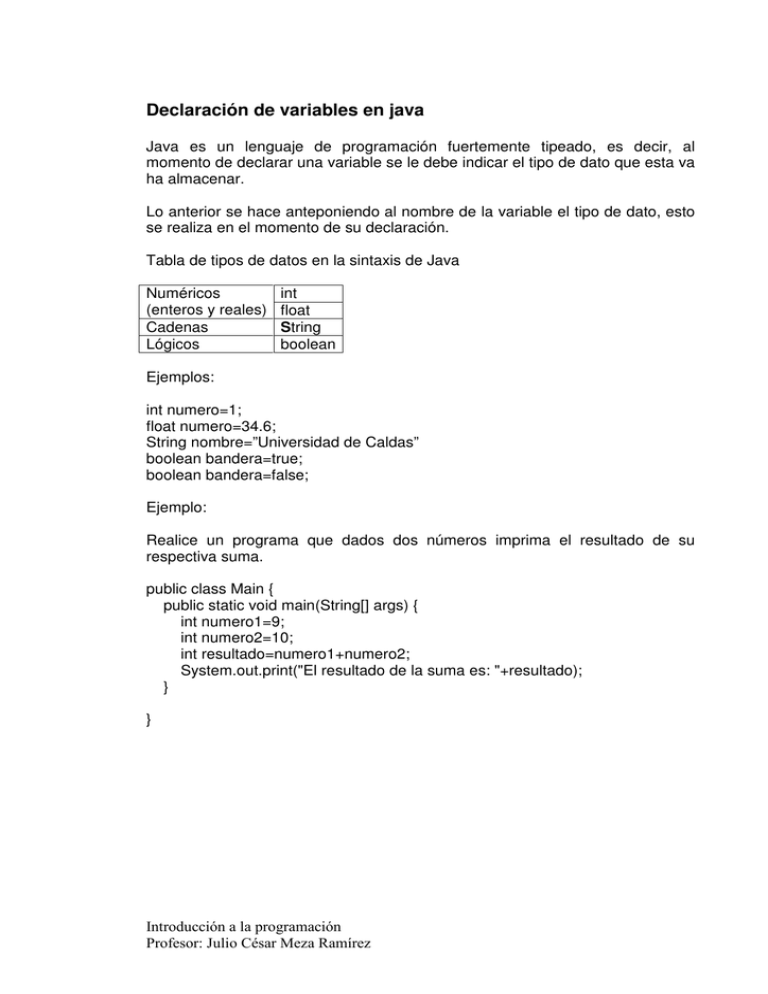 Declaración de variables en java