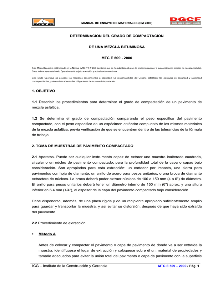 MTC E 509 - 2000 Determinación del grado de compactación de