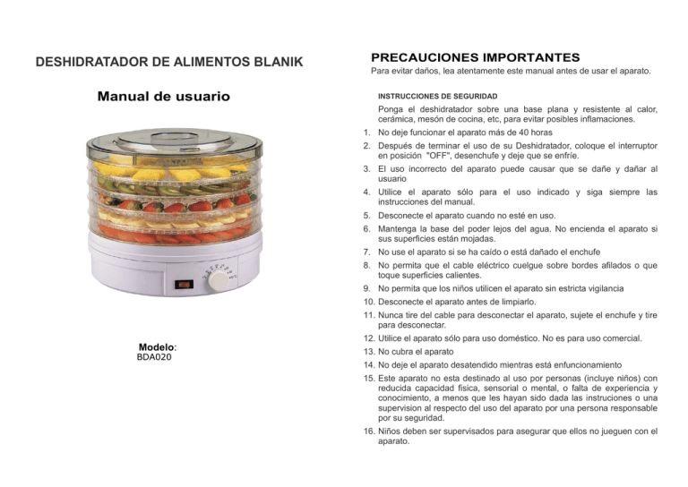 Deshidratador De Alimentos Blanik Manual De 5643