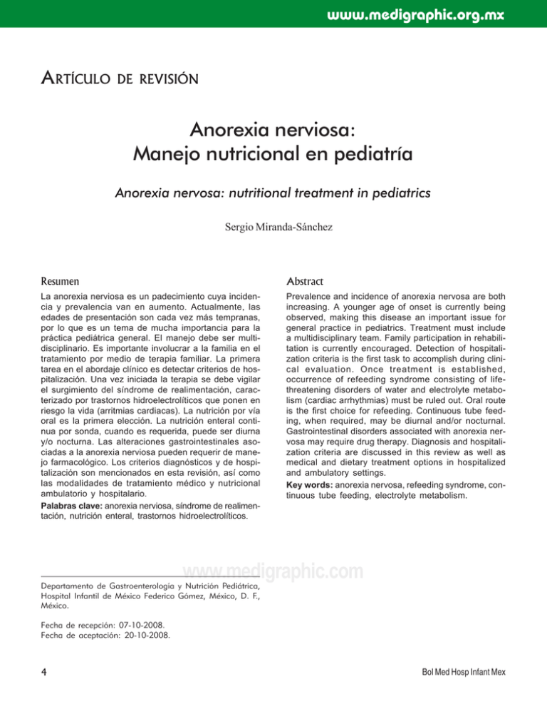 Anorexia Nerviosa: Manejo Nutricional En Pediatría