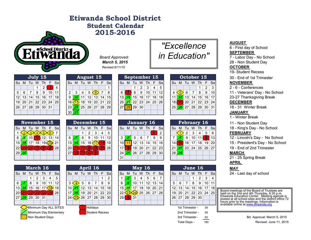 Calendar Etiwanda School District