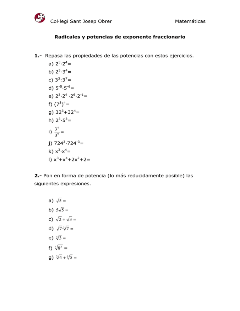 Radicales Y Potencias De Exponente Fraccionario