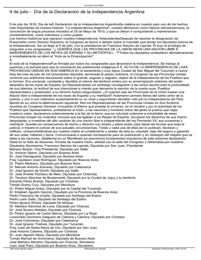 9 de julio - Día de la Declaración de la Independencia