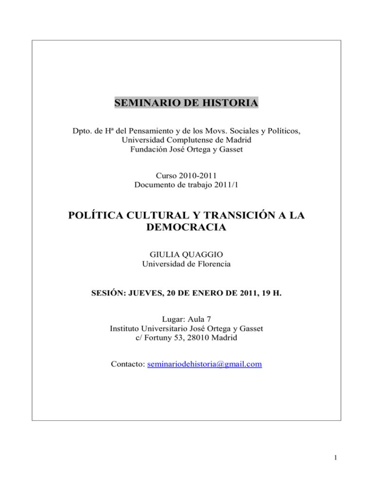 Pol tica Cultural Y Transici n A La Democracia