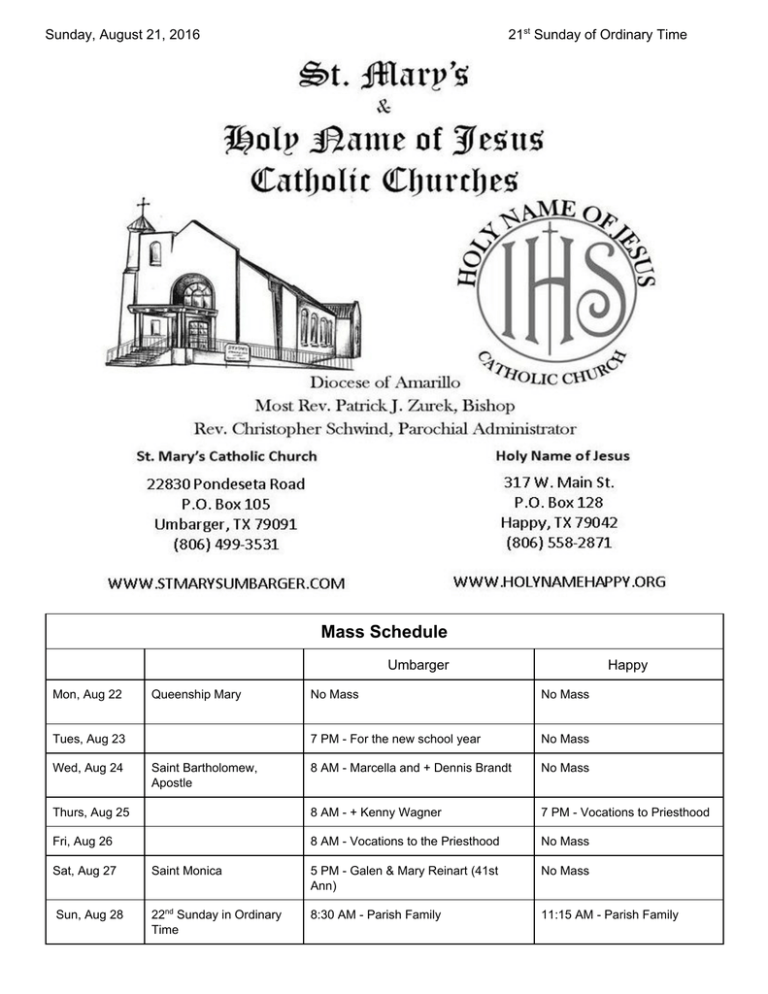 Mass Schedule St. Mary`s, Umbarger Mass Schedule St. Mary`s, Umbarger
