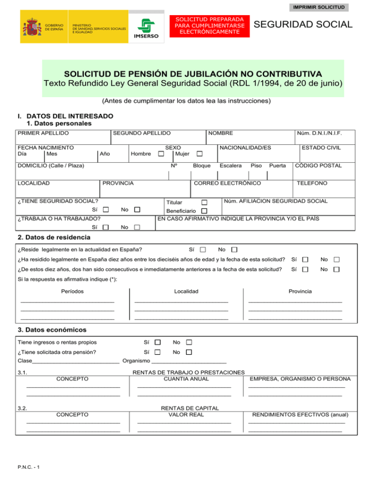 solicitud de pensión de jubilación no contributiva