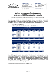 Volcan announces fourth quarter and annual 2014 production results