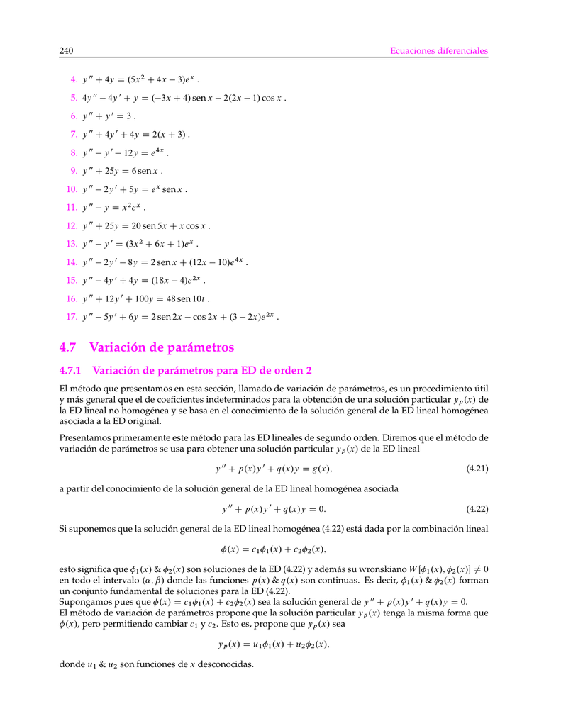 Variacion De Parametros Ecuaciones Diferenciales