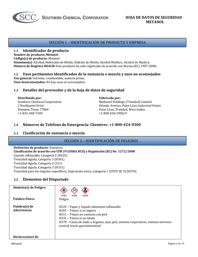 methanol sds safety data sheet spanish ii