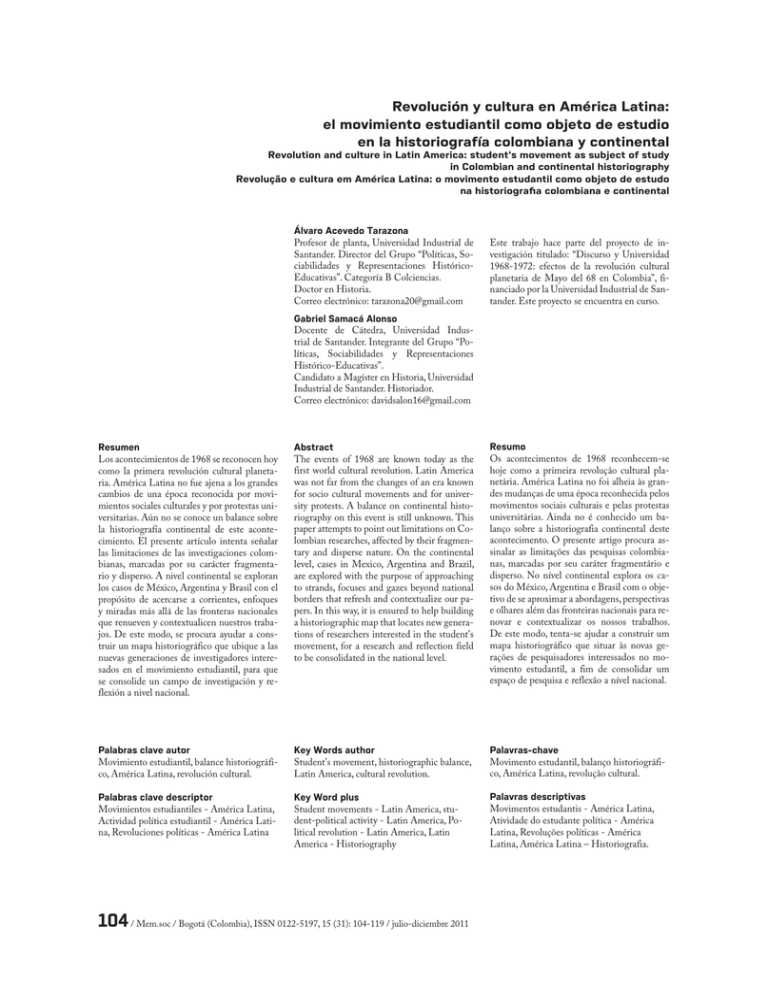 Revoluci N Y Cultura En Am Rica Latina El Movimiento Estudiantil