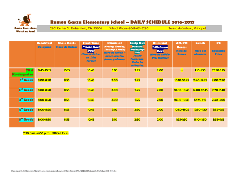 Ramon Garza Elementary School DAILY SCHEDULE 2016 2017 Ramon garza elementary school daily schedule 2016 2017