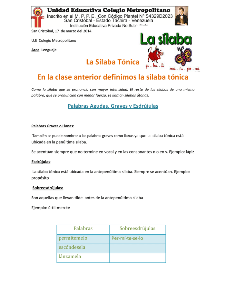 La Sílaba Tónica En la clase anterior definimos la silaba tónica