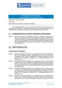 RESUMEN DE ACUERDOS Sesión (9/2016), ordinaria del Pleno