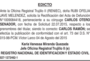EDICTO Ante la Oficina Registral Trujillo II (RENIEC), doña RUBI