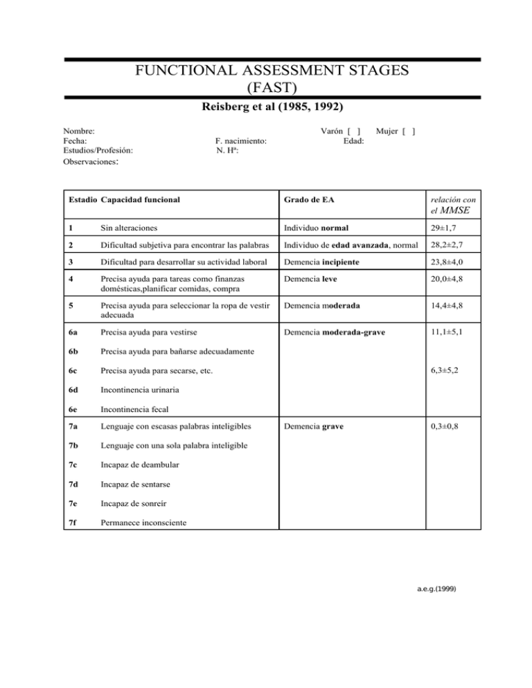 FUNCTIONAL ASSESSMENT STAGES FAST 