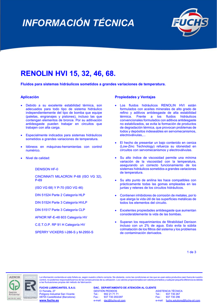 renolin hvi 32 - fuchs lubricantes