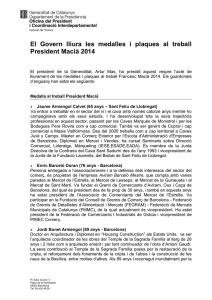 El Govern lliura les medalles i plaques al treball President Macià 2014