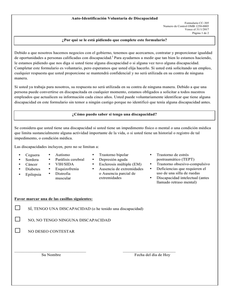Cc 305 Form.pdf Auto-Identificación Voluntaria de Discapacidad Debido a que