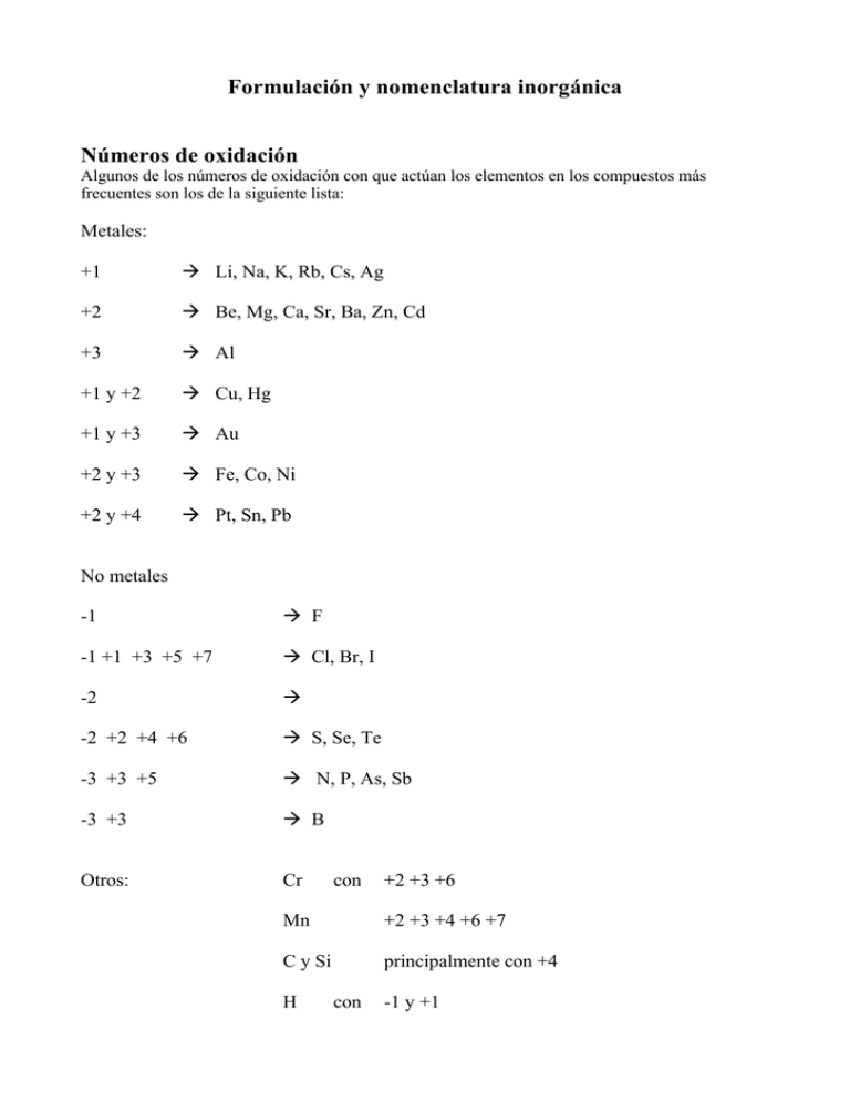 Formulación Y Nomenclatura Inorgánica Números De Oxidación