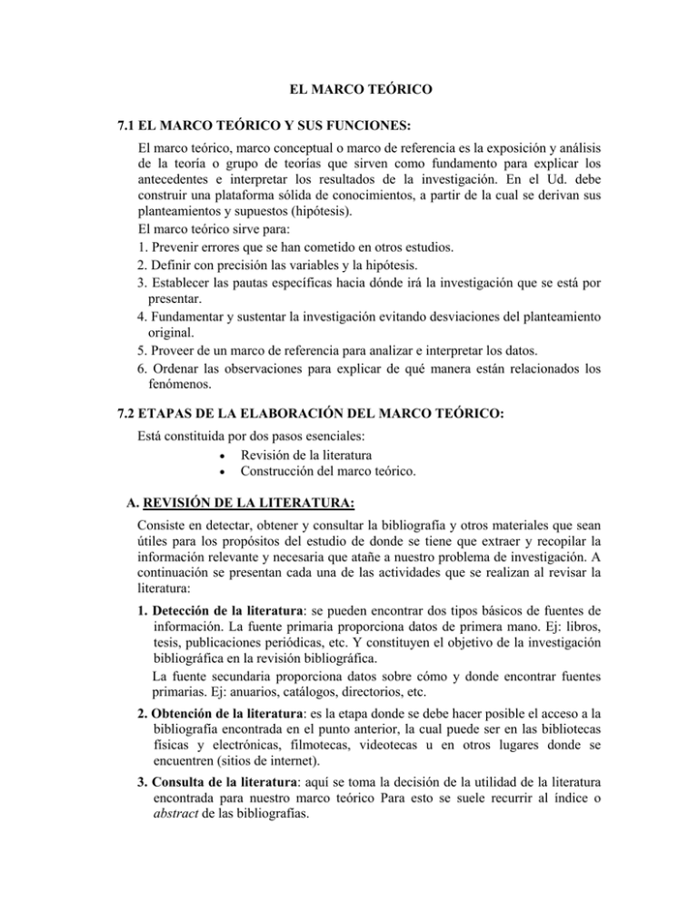 El marco teórico, marco conceptual o marco de referencia es la