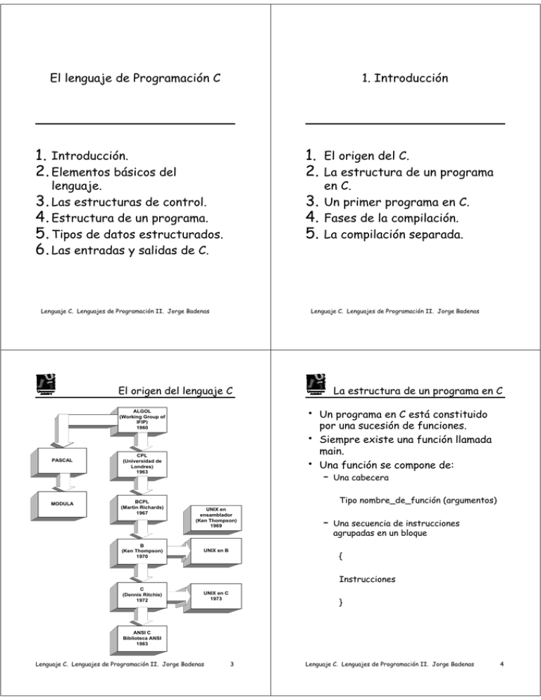 El Lenguaje De Programación C 1. Introducción. 2.Elementos