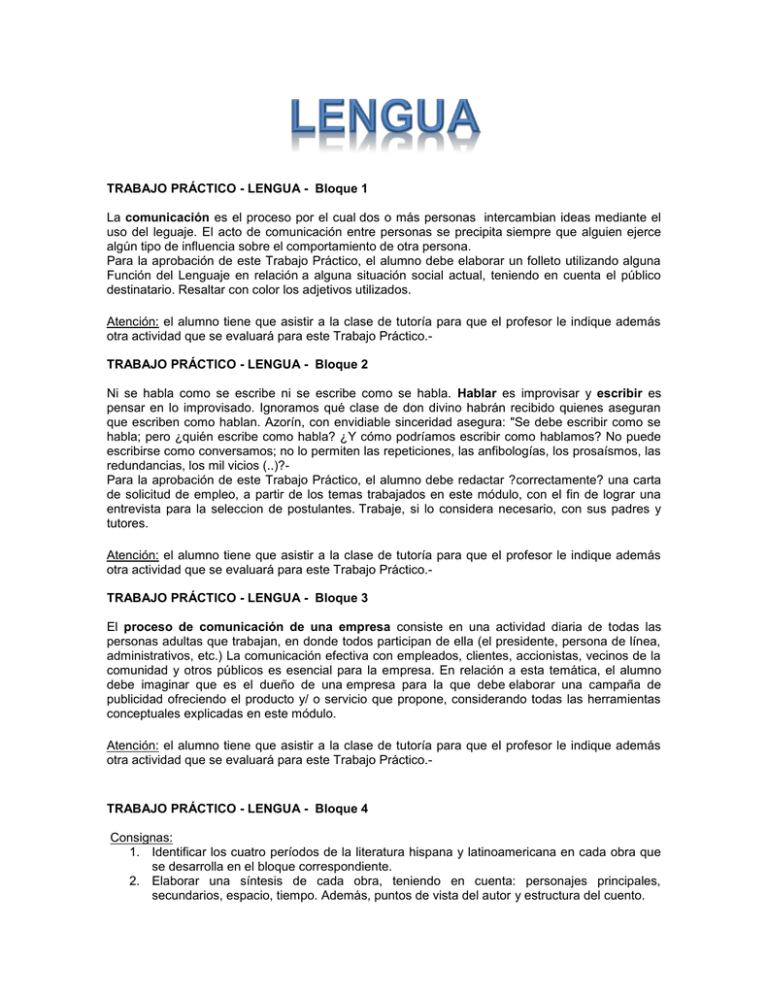 Trabajo PrÁctico Lengua Bloque 1 La 5351