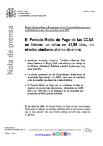 El Periodo Medio de pago a de las CCAA en febrero se situó en 41,98